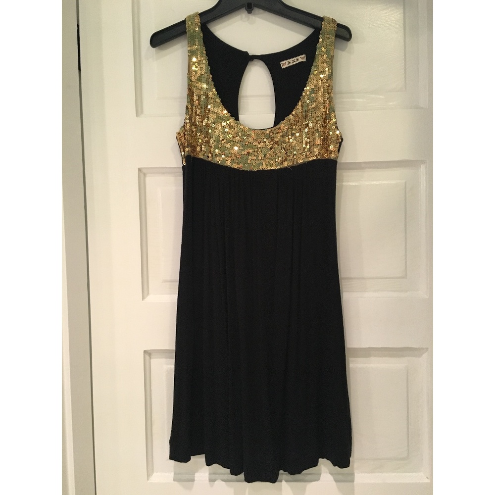 Black cocktail party dress with gold sequins